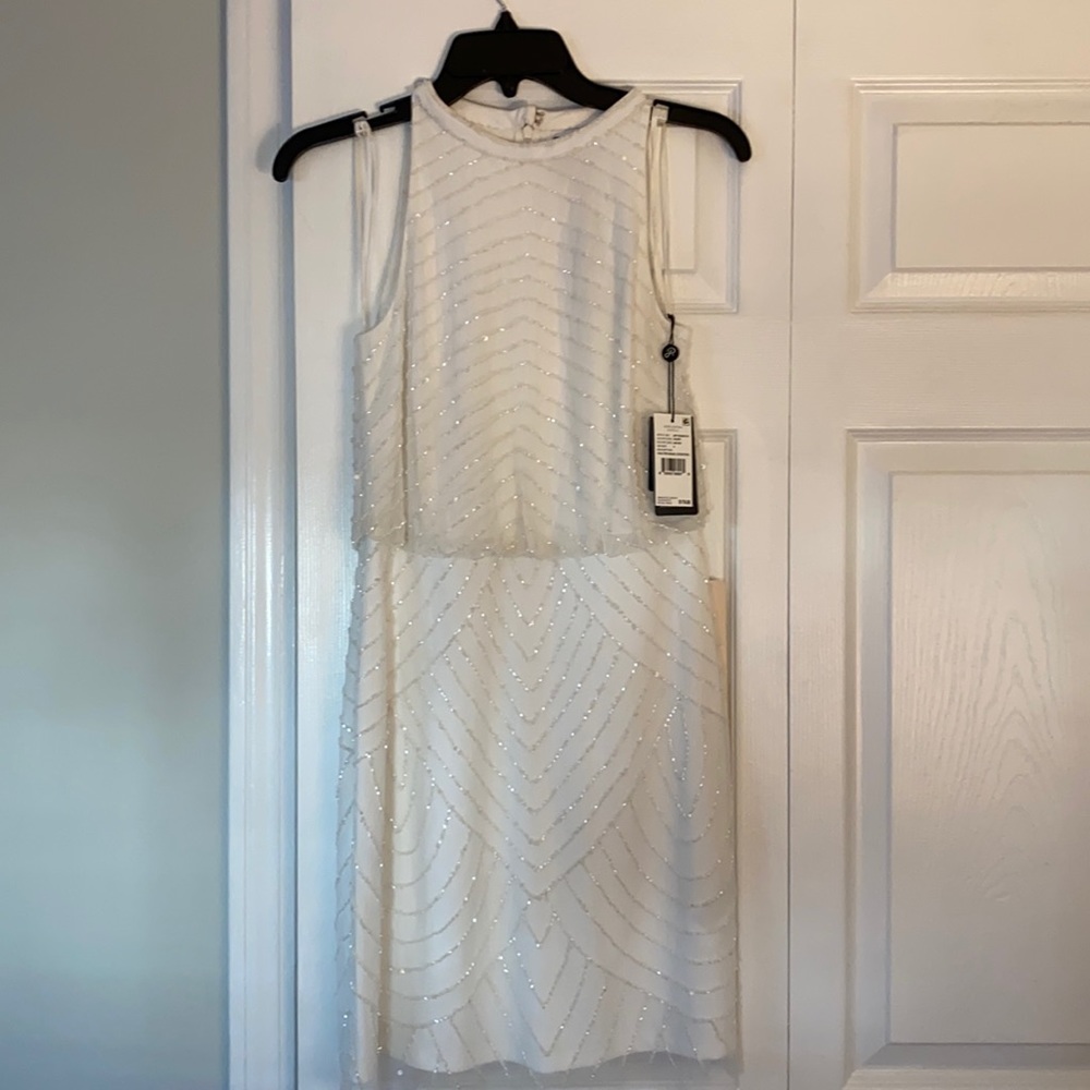 Adrianna Papell white beaded cocktail length dress